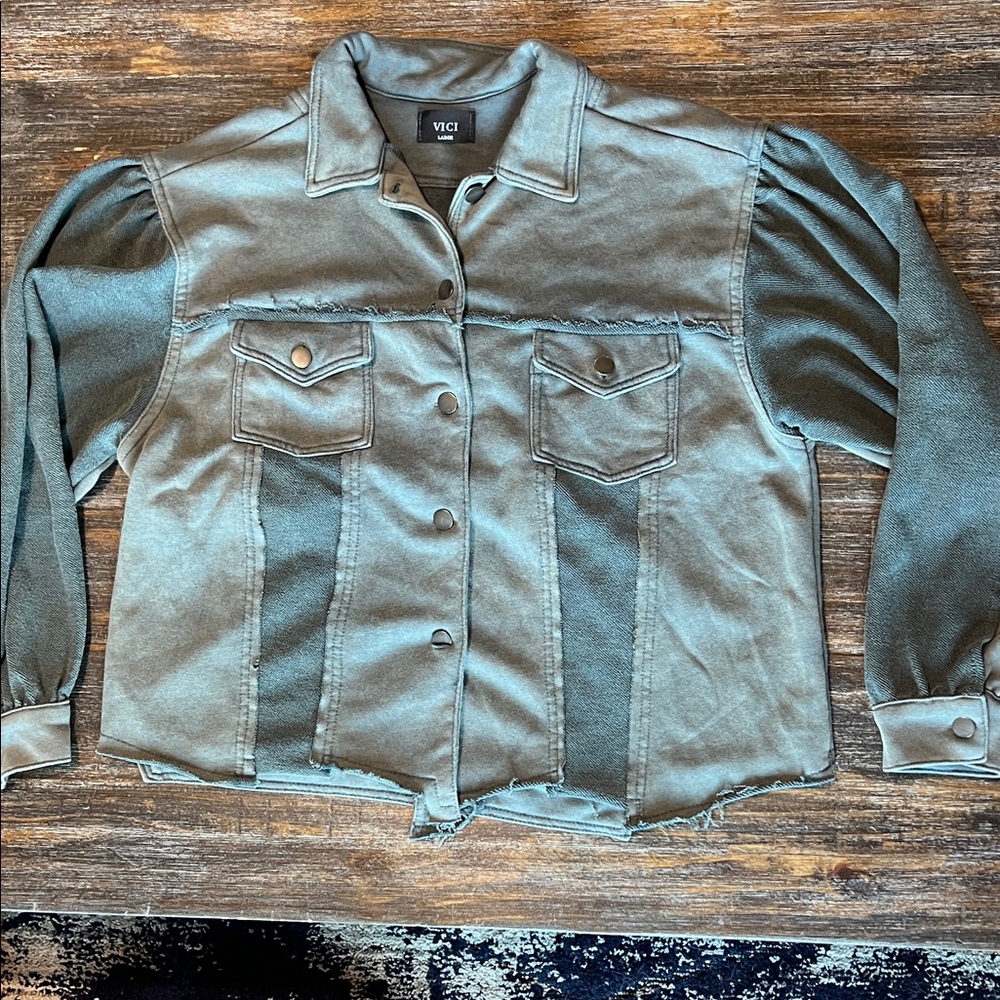 Vici Two-Tone Denim Jacket with Puff Sleeves